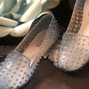 Jelly shoes! Blue glitter flats!